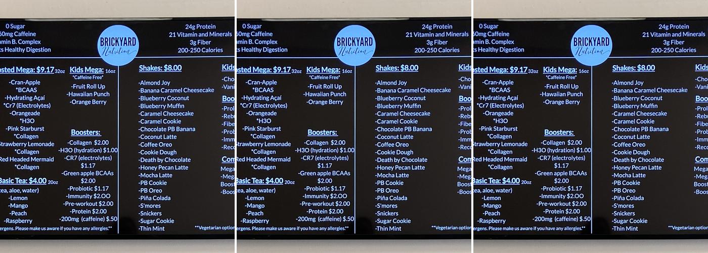 Brickyard Nutrition Menu
