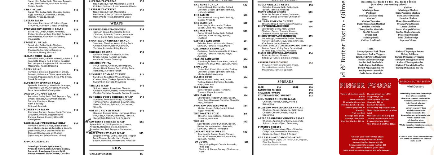 Bread and Butter Bistro Menu