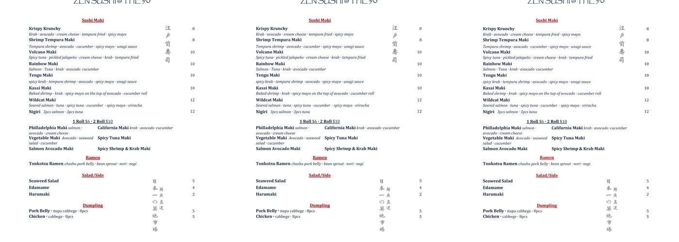 Zen Sushi @ The 90 Menu