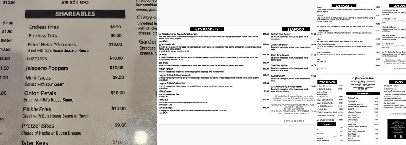 BJ's Saloon Menu