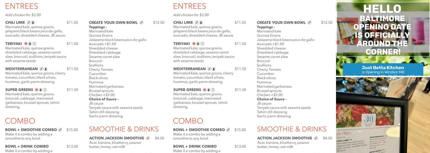 Just Betta Kitchen Menu