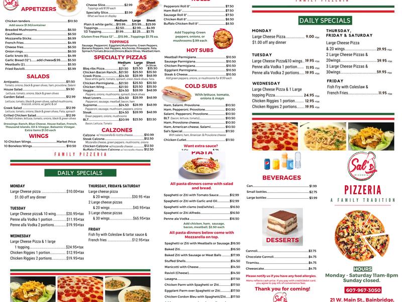 Sal's pizzeria of Bainbridge Menu