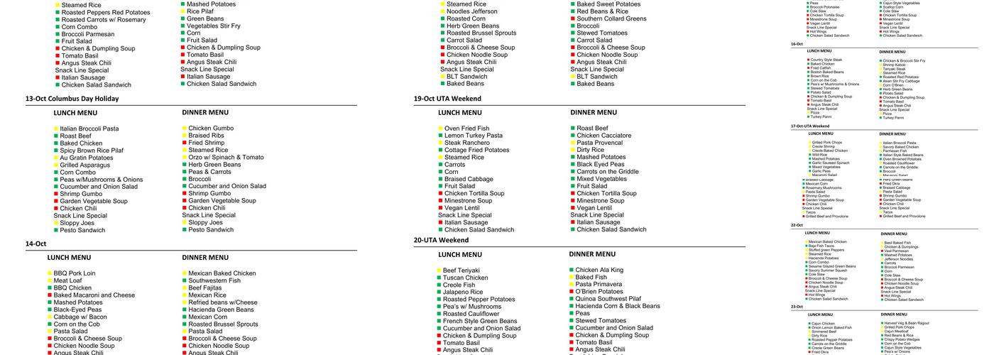 Azalea Dining Facility Menu