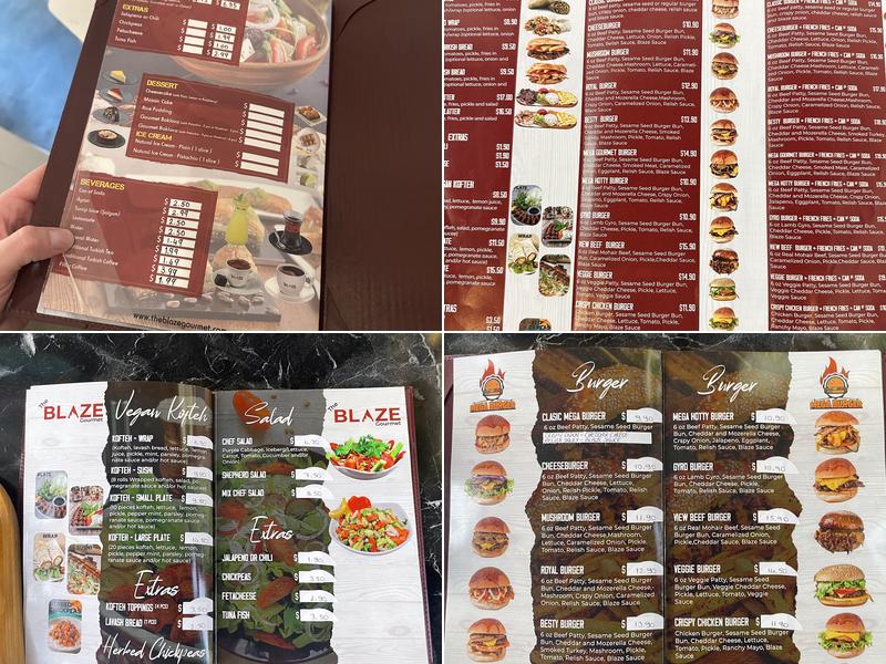 The Blaze Gourmet, Burger-Gyro-Vegan Kofteh Menu