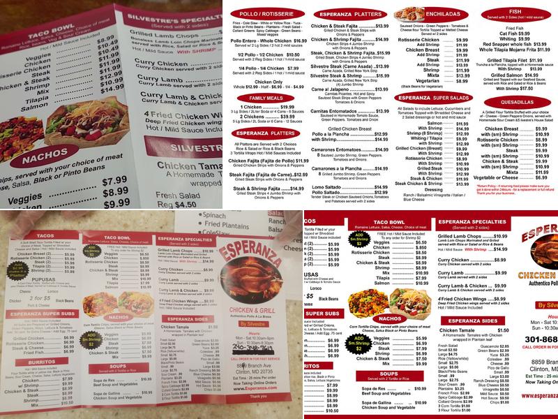Esperanza Chicken Menu