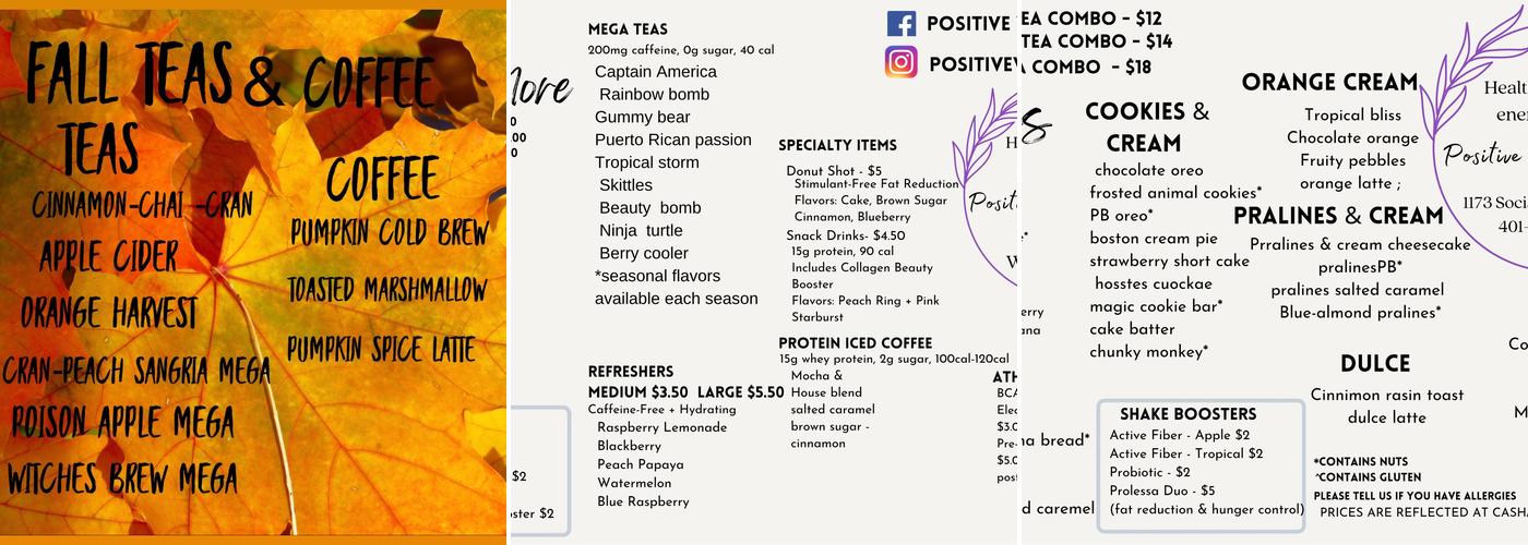Positive Vibes Nutrition Menu