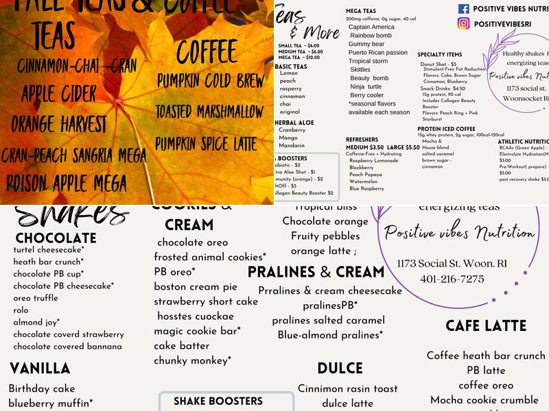 Positive Vibes Nutrition Menu