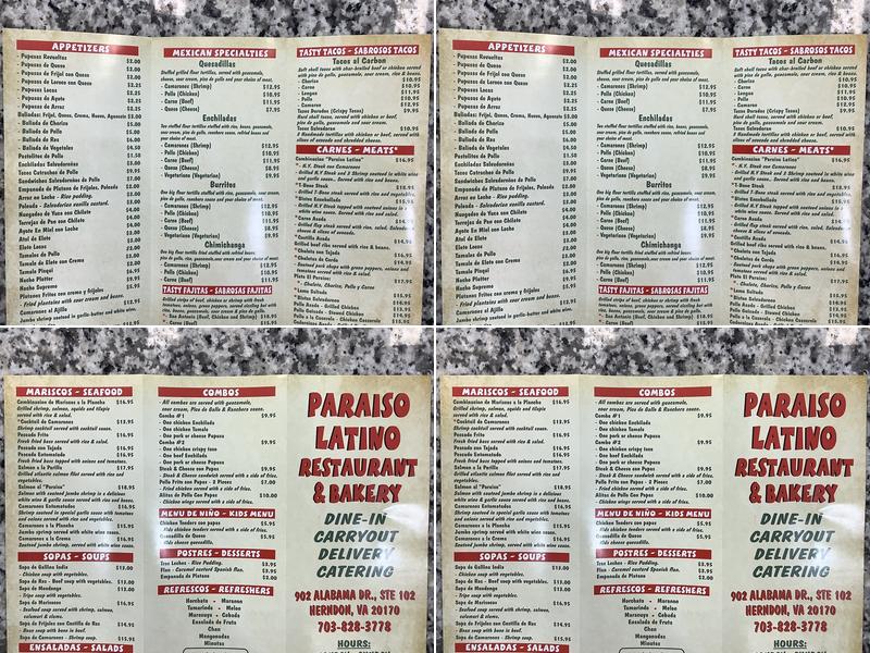 Paraiso Latino Restaurant & Bakery Menu