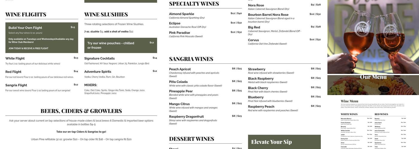 Urban Pine Winery Menu