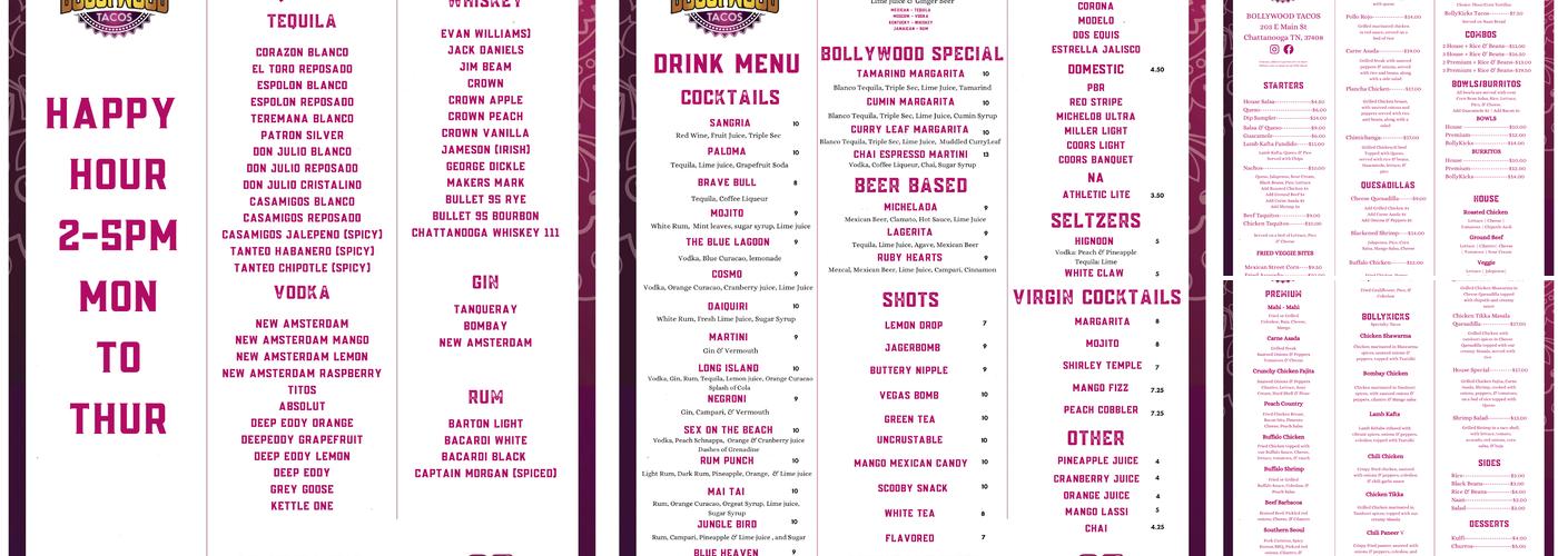 Bollywood Tacos and Bar Menu