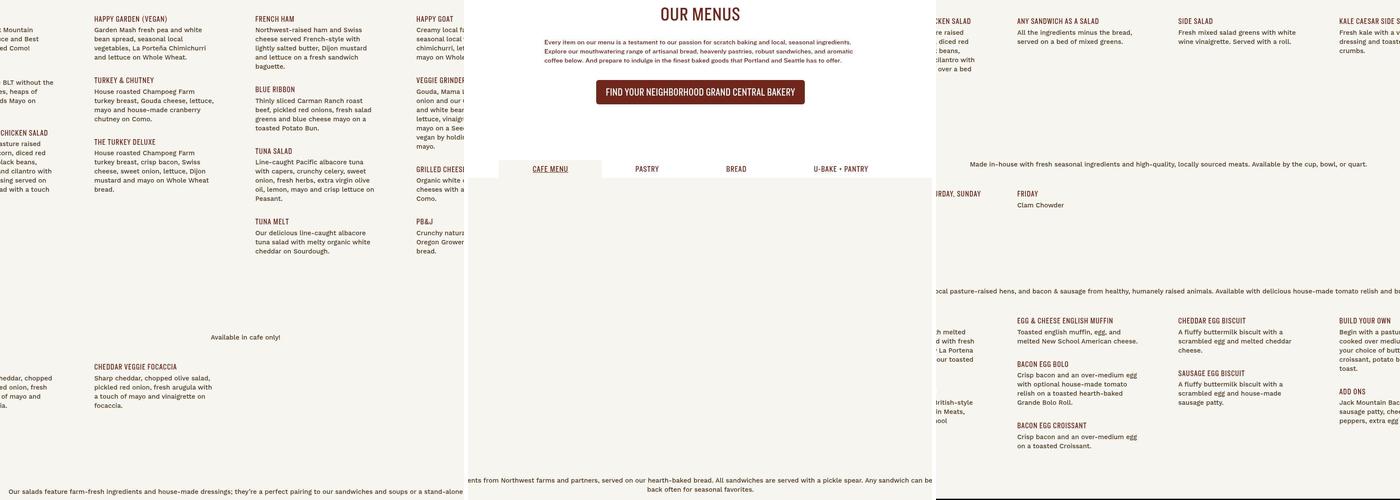 Grand Central Bakery Wholesale Office Menu