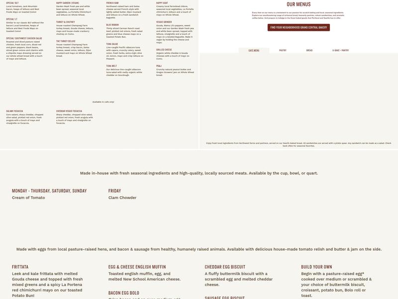 Grand Central Bakery Wholesale Office Menu