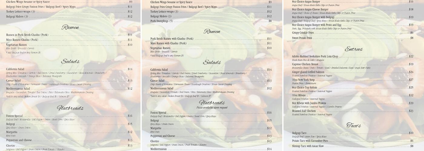 Fusion Restaurant Menu