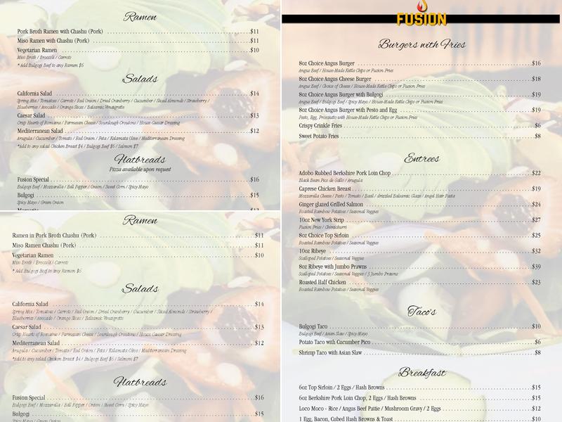 Fusion Restaurant Menu