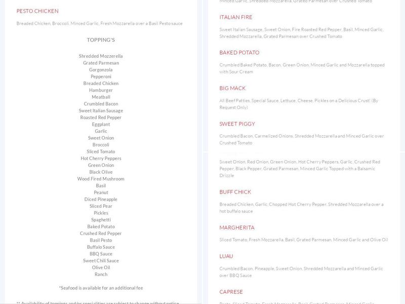 The Fire Pizza Company Menu