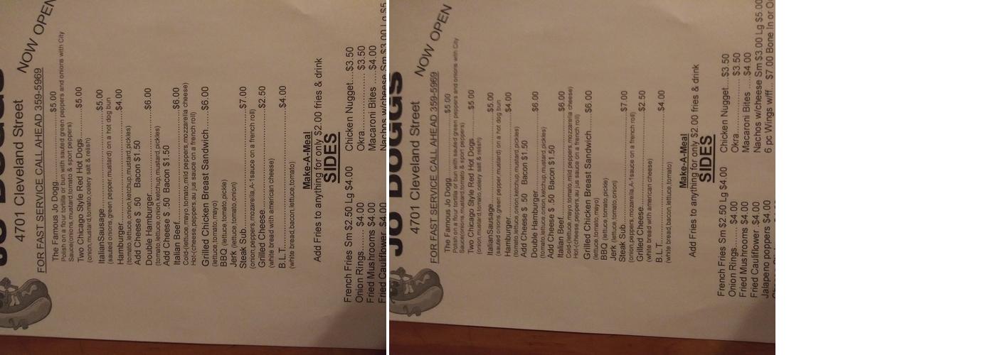 Jo Doggs Menu