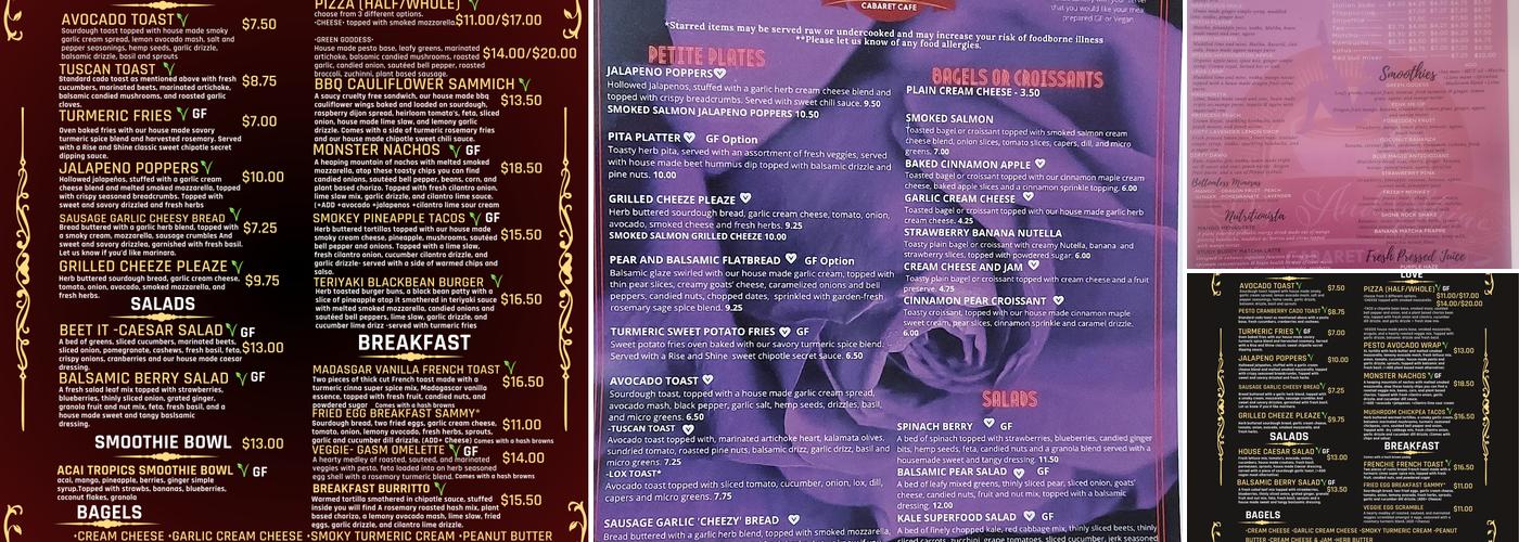 Rise And Shine Cabaret Cafe Menu
