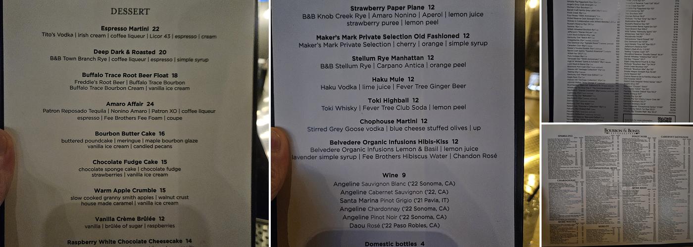 Bourbon & Bones Chophouse | Bar Menu