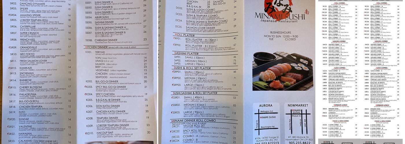 Minami Sushi - Newmarket Menu