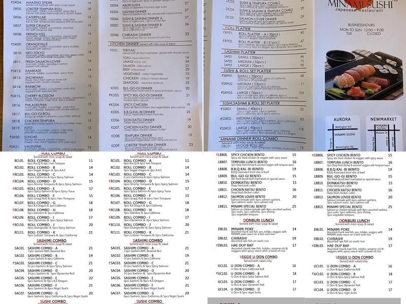Minami Sushi - Newmarket Menu