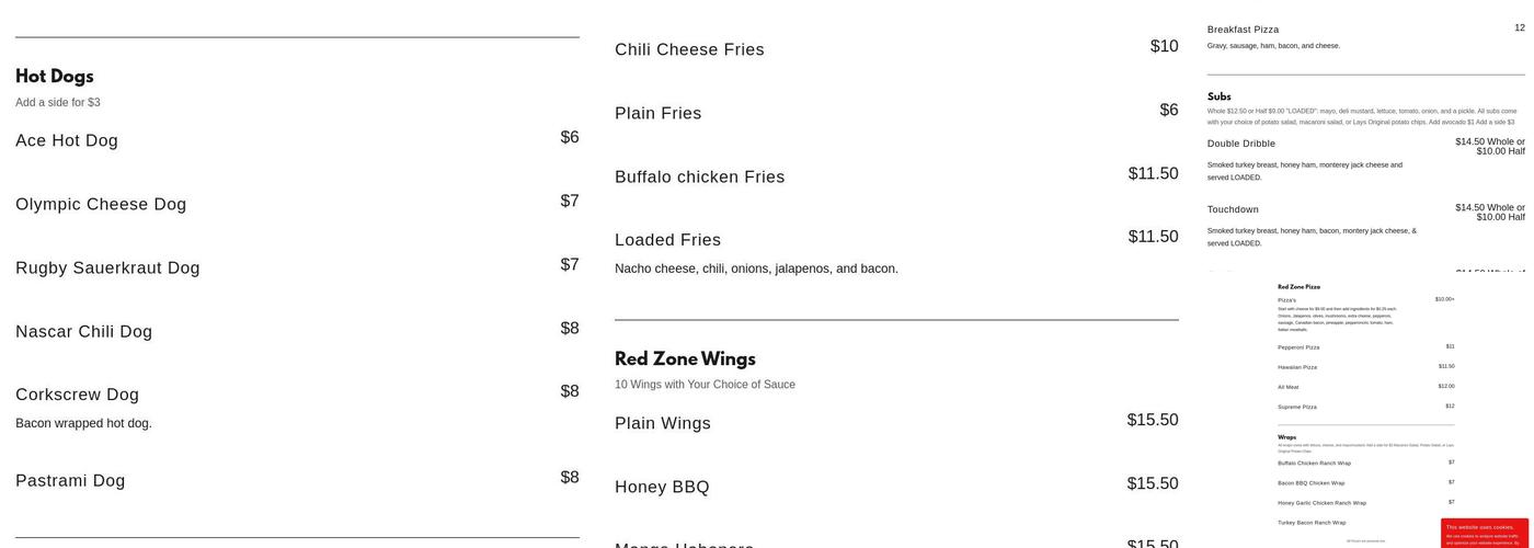 Red Zone Sports Bar Menu