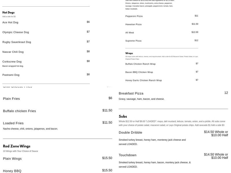 Red Zone Sports Bar Menu