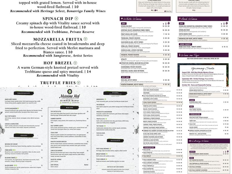 Messina Hof Harvest Green Winery & Kitchen Menu