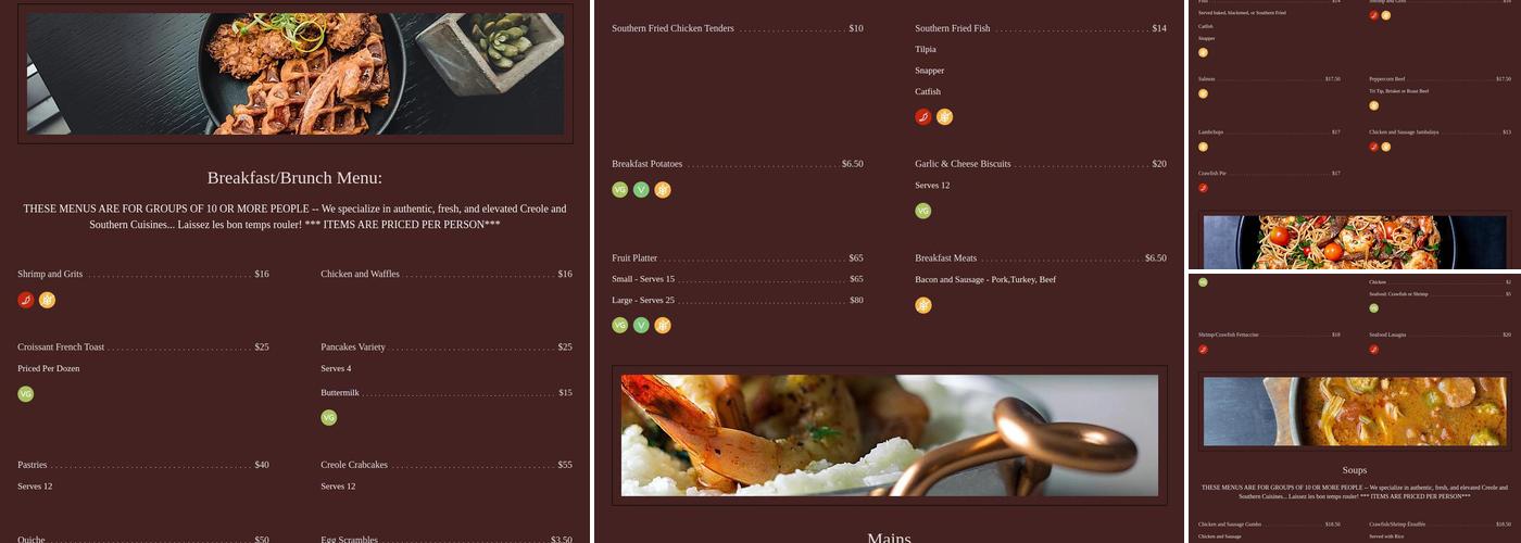 Castle's Southern and Creole Catering Menu