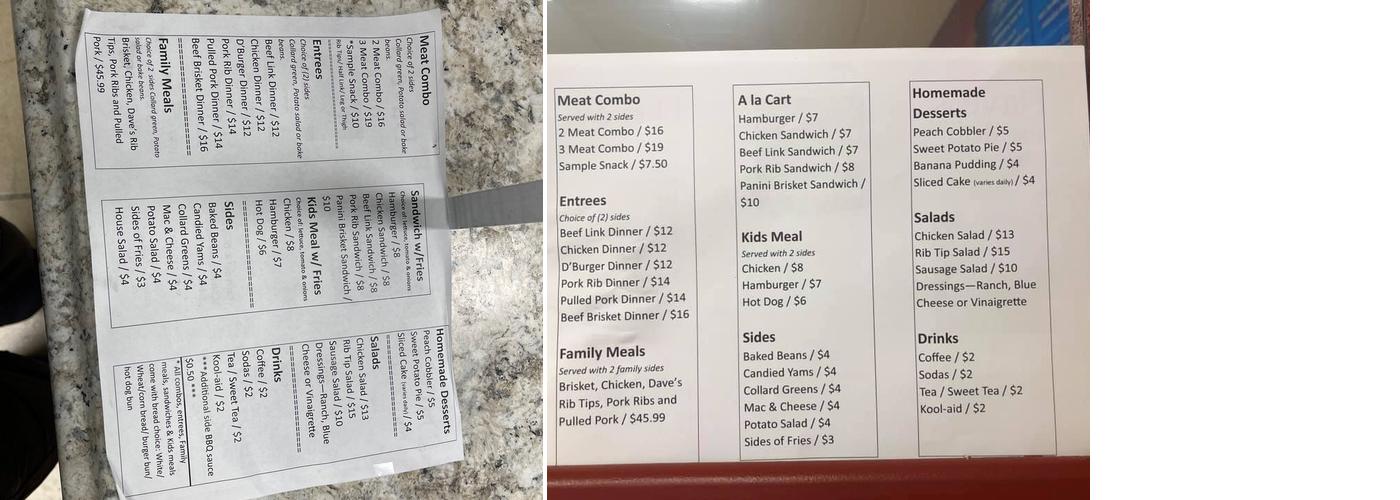 Dave's BBQ GRILL Menu