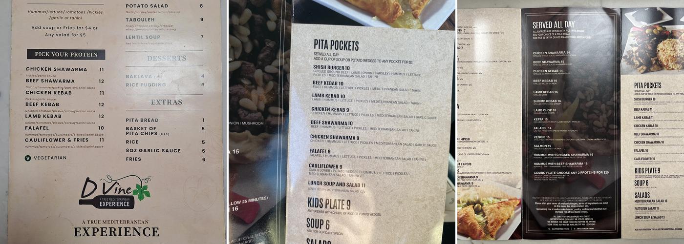 Dvine Mediterranean Experience Menu