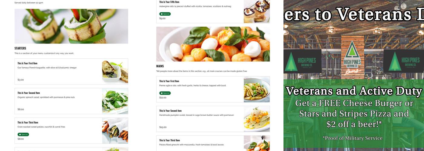 High Pines Brewing Company Menu