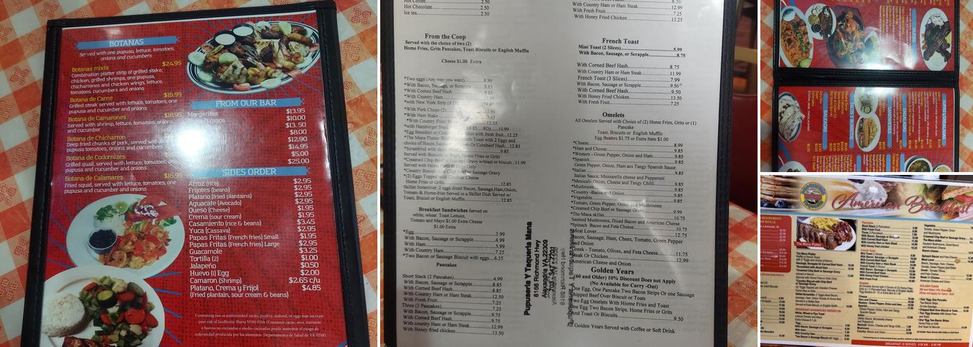 Mana Pupuseria & Taqueria Menu