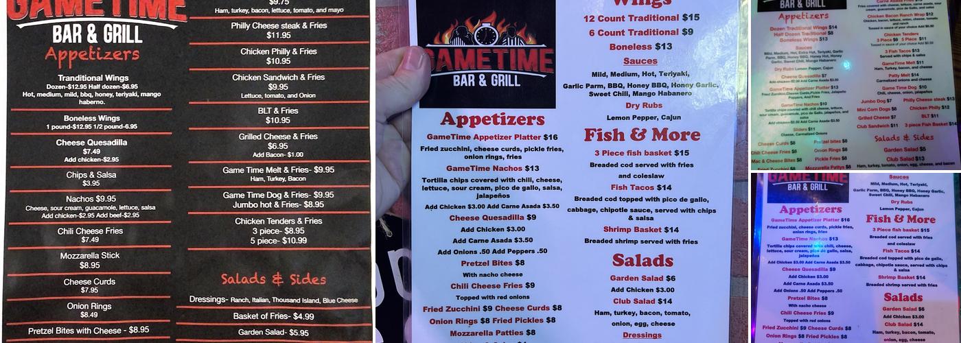 GameTime Bar and Grill Menu