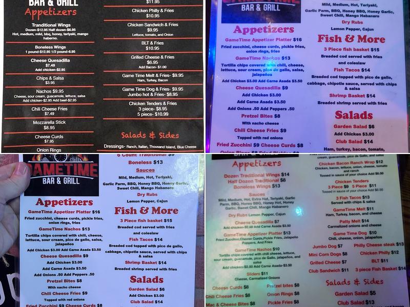 GameTime Bar and Grill Menu
