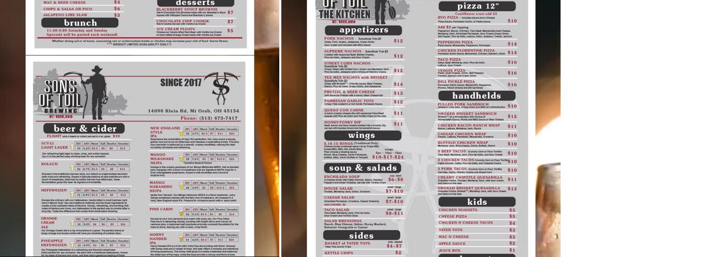 Sons of Toil Brewing Menu