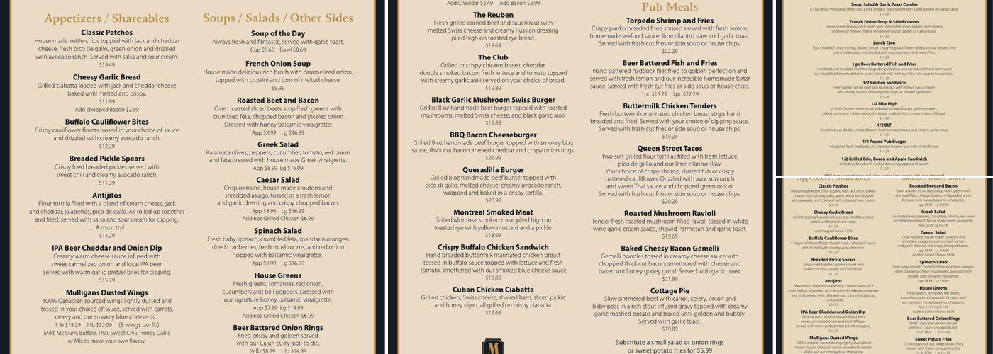 Mulligan's Irish Pub Menu