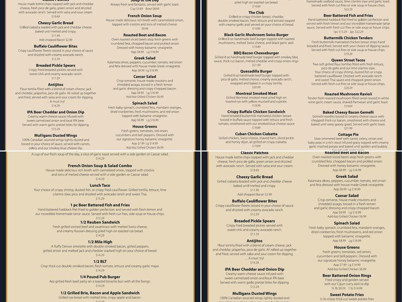 Mulligan's Irish Pub Menu