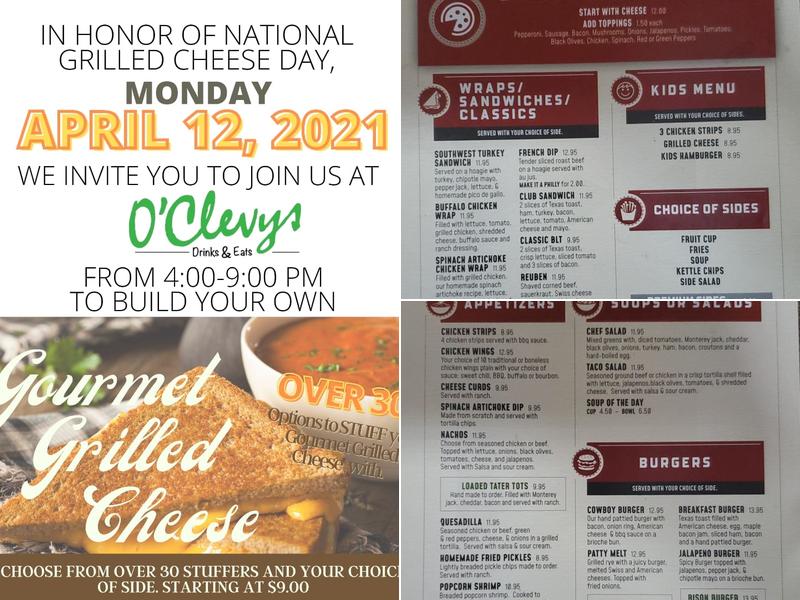 O’Clevy’s Drink’s and Eats Menu