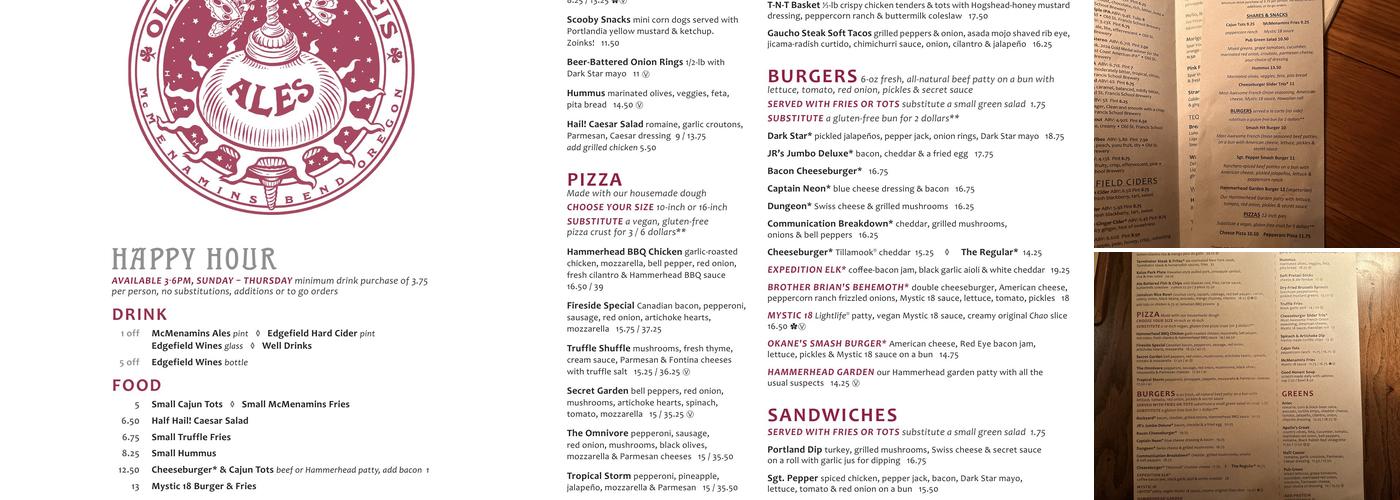 McMenamins Fireside Bar Menu