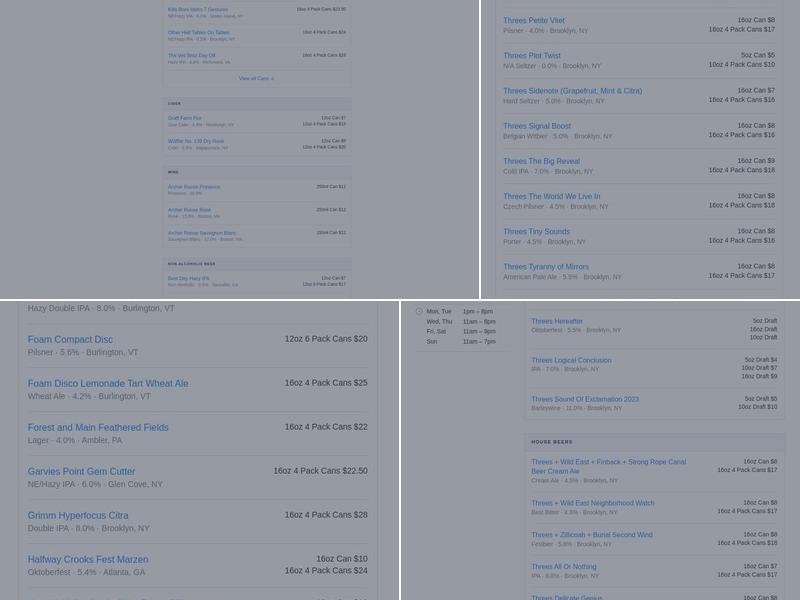 Threes Brewing Huntington Menu