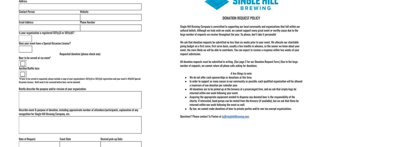 Single Hill Brewing Menu