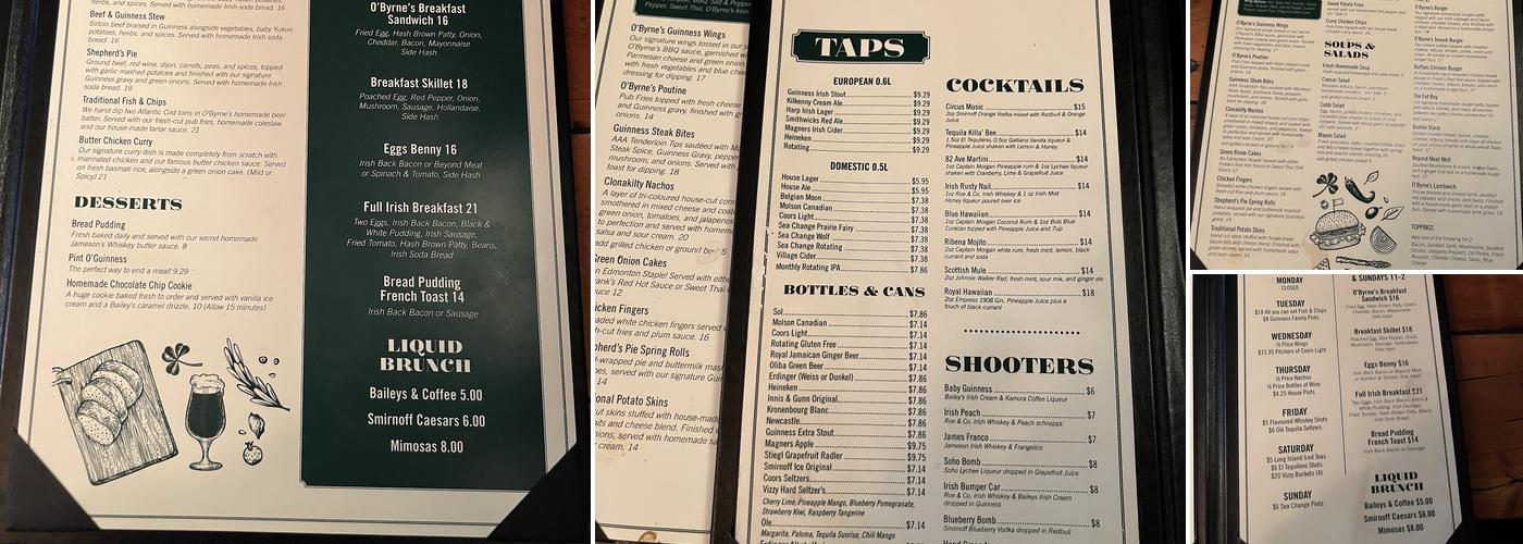 O'Byrne's Irish Pub Menu
