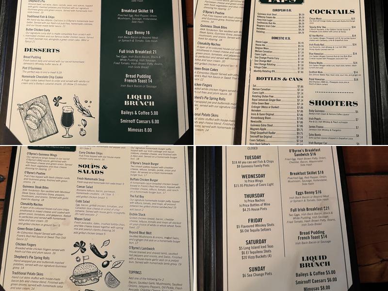O'Byrne's Irish Pub Menu
