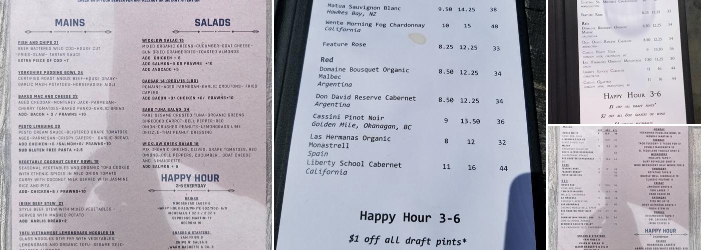 The Wicklow Pub Menu