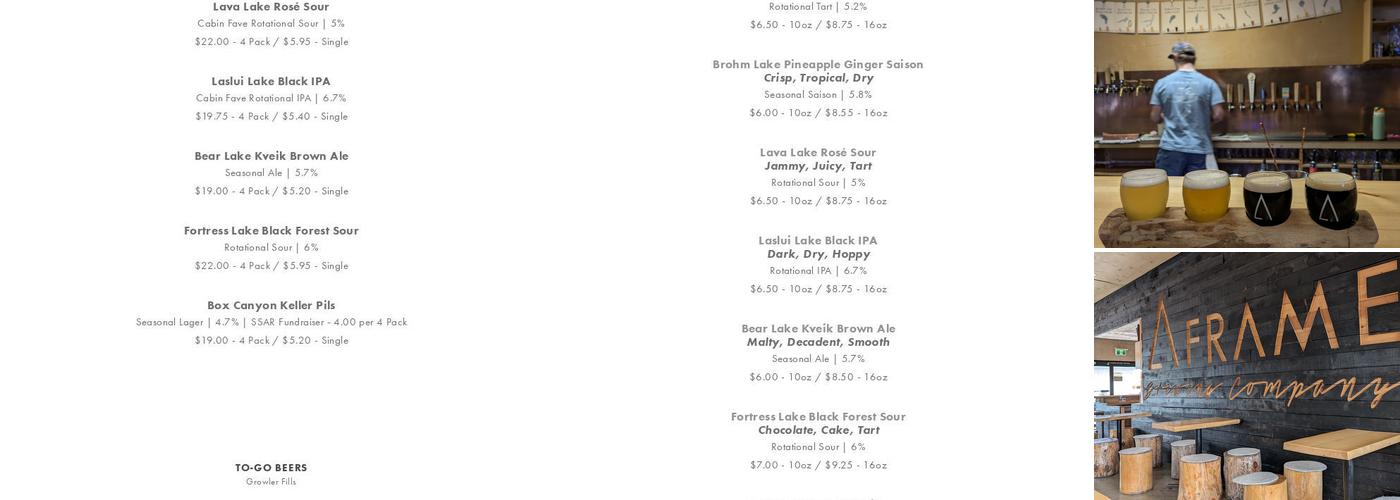 A-FRAME Brewing Co Menu