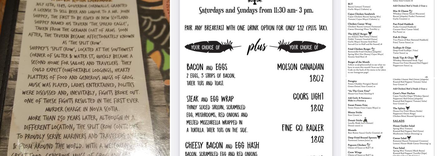 The Split Crow Pub Menu