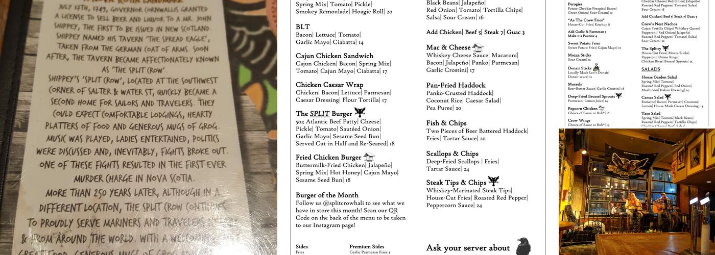 The Split Crow Pub Menu