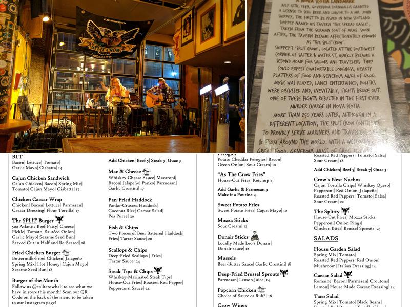 The Split Crow Pub Menu