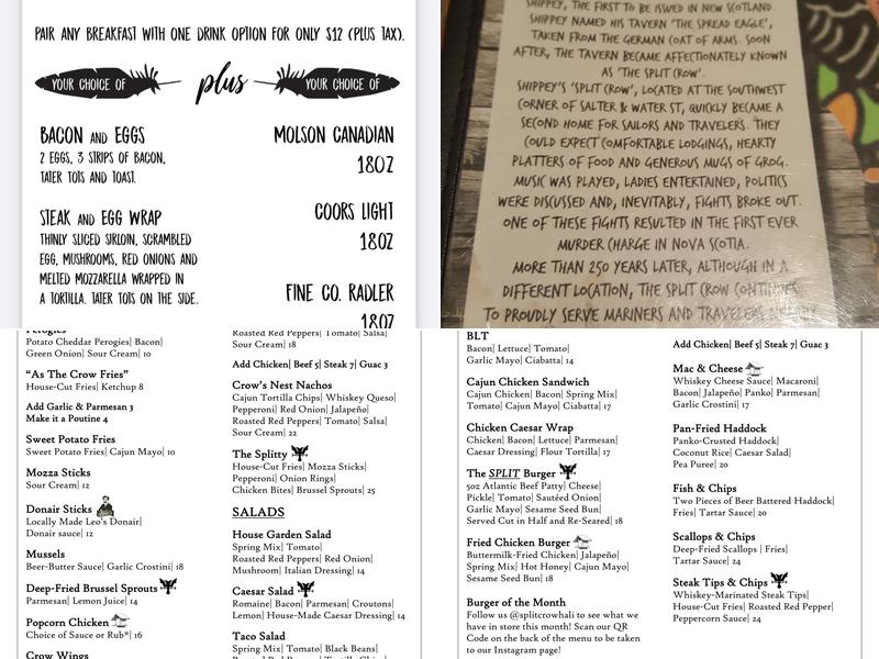 The Split Crow Pub Menu