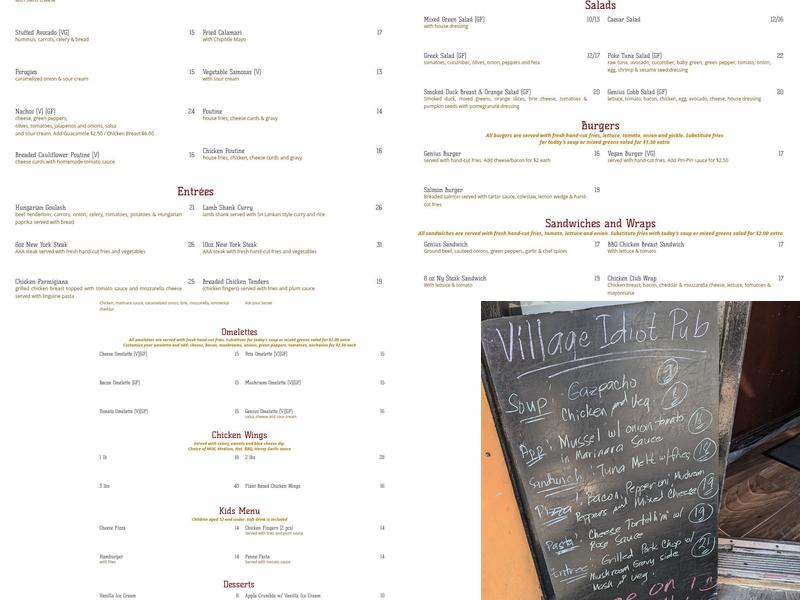 Village Genius Pub Menu
